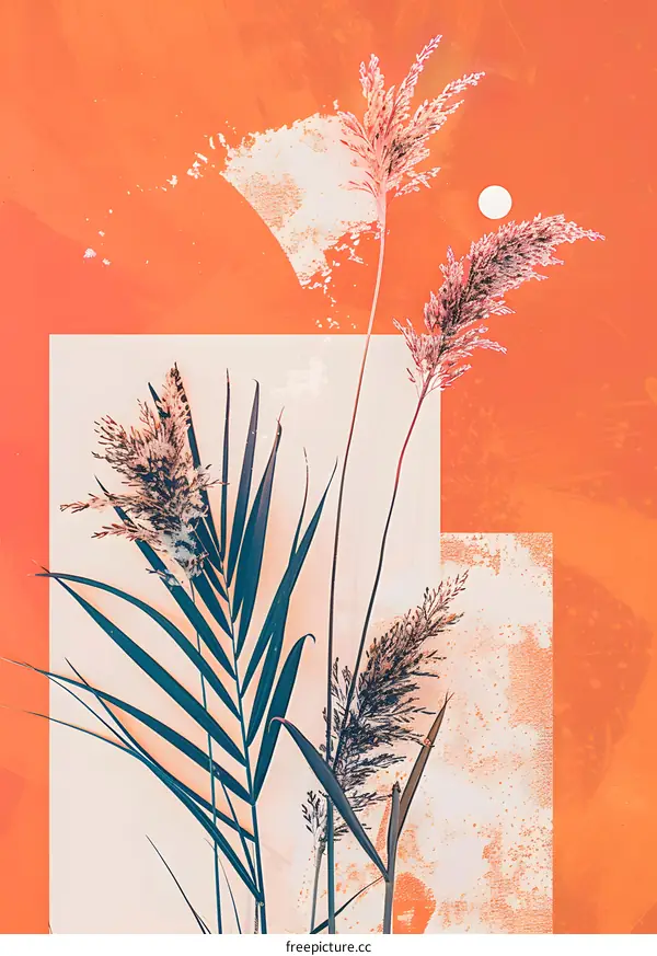 Orange Background With Green Palm Leaf And Dried Flowers