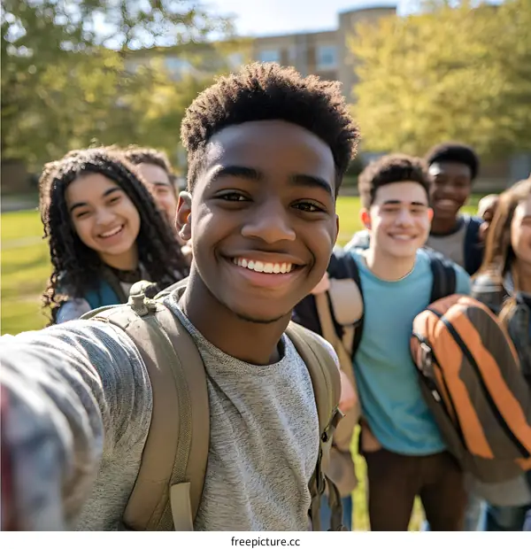 Happy African American Teenager Taking Selfie With Friends Outdoors