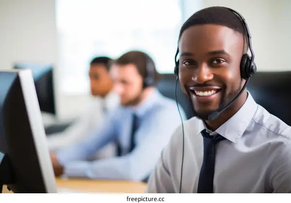 Black call center agent smiling with a headset on
