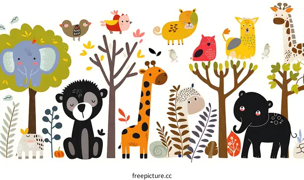 Cute Cartoon Animals In The Jungle Illustration