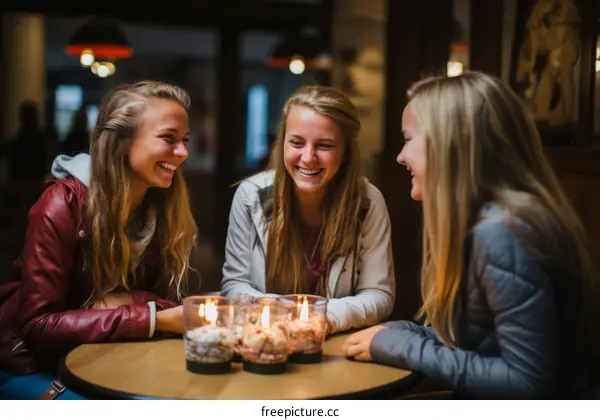 Three young women sitting at a table and laughing