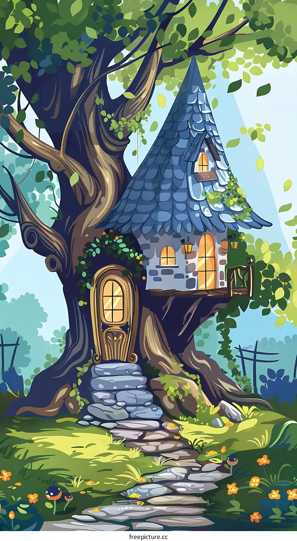Fantasy Tree House With Stone Steps