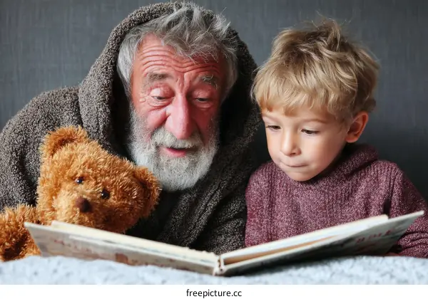 Grandfather and Grandson Reading a Book Together