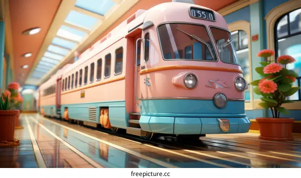 A pink and blue train is in a station