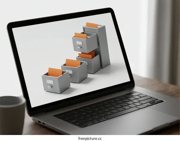 Laptop Screen Displaying 3D File Folder Structure on White Background