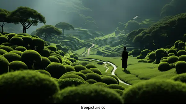 A Japanese woman in a kimono walking in a lush green tea field