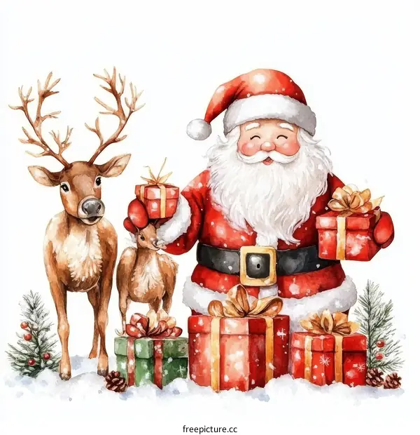 Christmas Watercolor Illustration of Santa Claus with Reindeer and Gifts