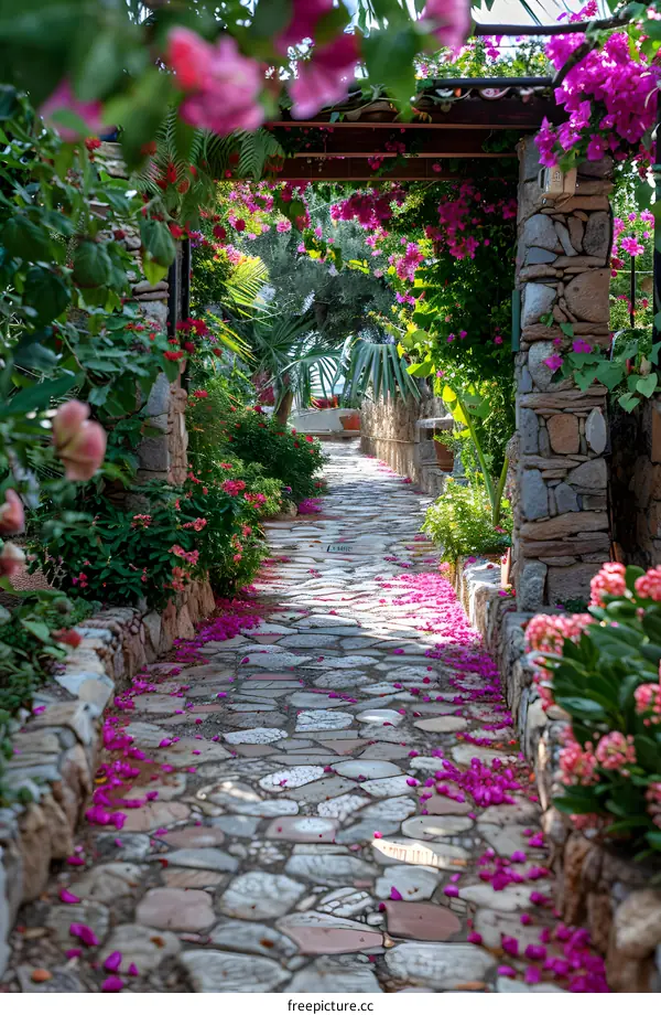 Stone pathway through a garden archway