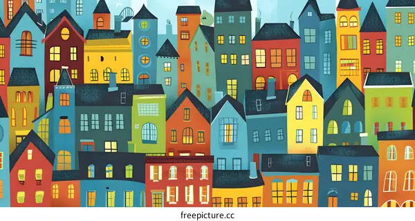 Colorful Illustration of a Cityscape with Many Buildings