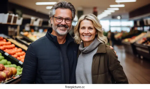 Happy couple shopping for groceries in the supermarket
