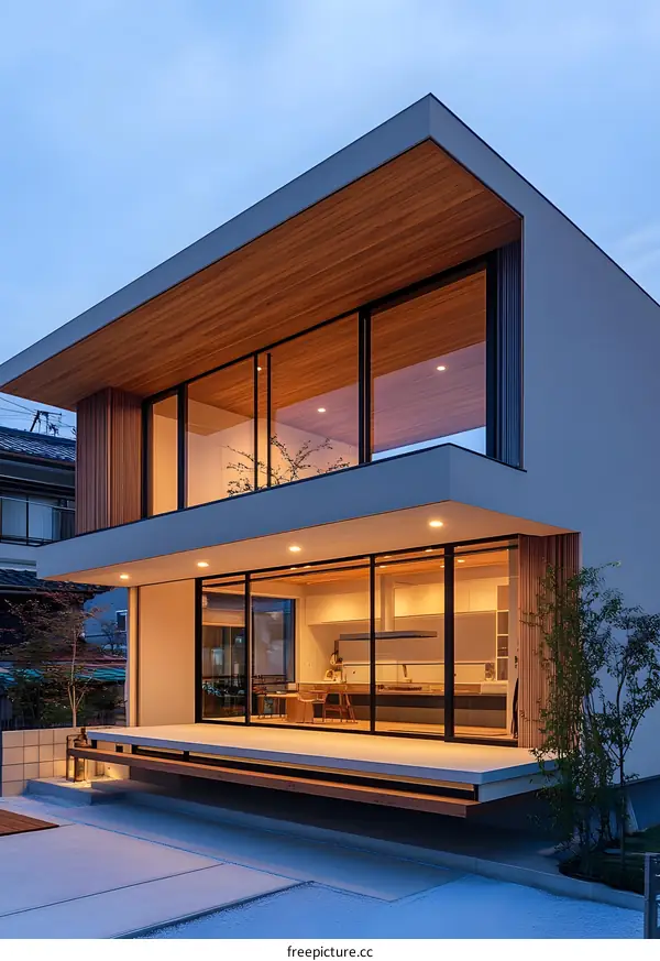 Modern Japanese Home with Large Windows and Wooden Accents