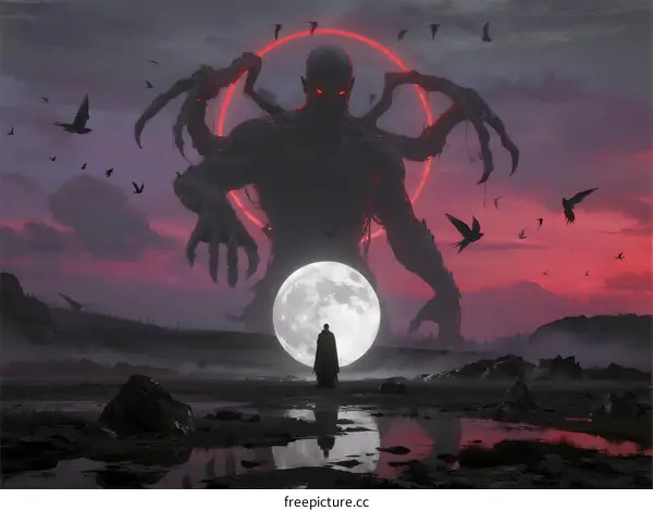 A Mysterious Figure Standing Against a Colossal Dark Creature Under Full Moon