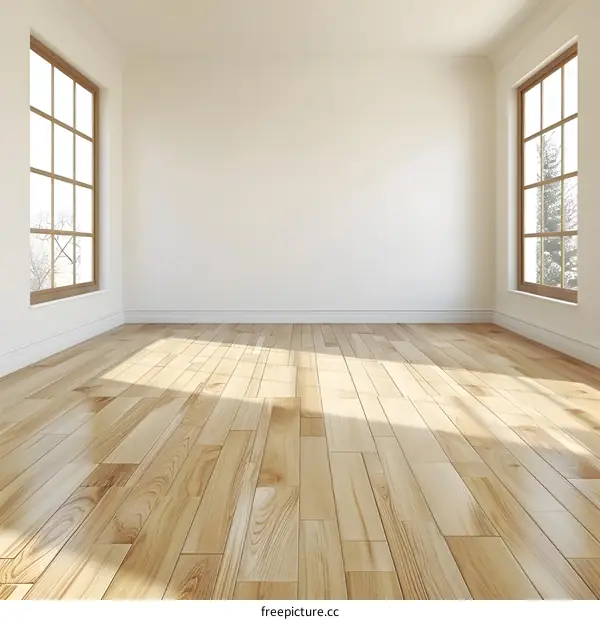 Empty Room with Two Windows and Wooden Floor