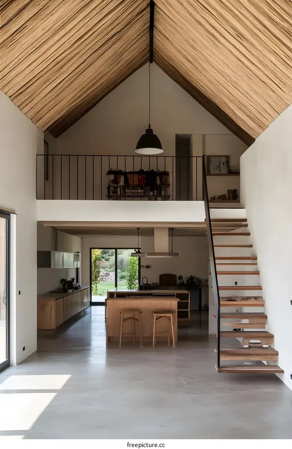 Modern Loft Kitchen with Exposed Wood Beams and a Concrete Floor