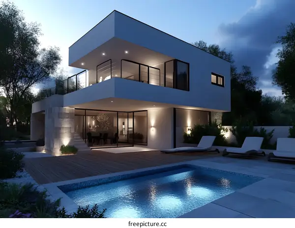 Modern House with Pool and Deck at Twilight