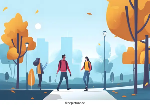 People Walking in Autumn Park with City Skyline in Background