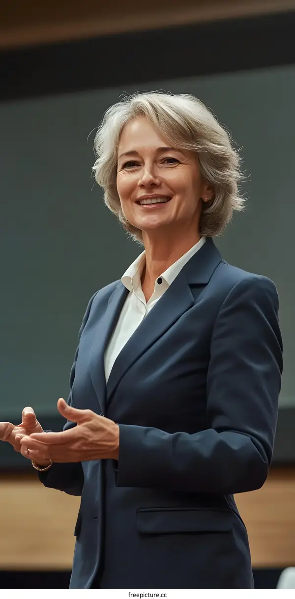 Smiling Caucasian Woman in a Business Suit Giving a Presentation