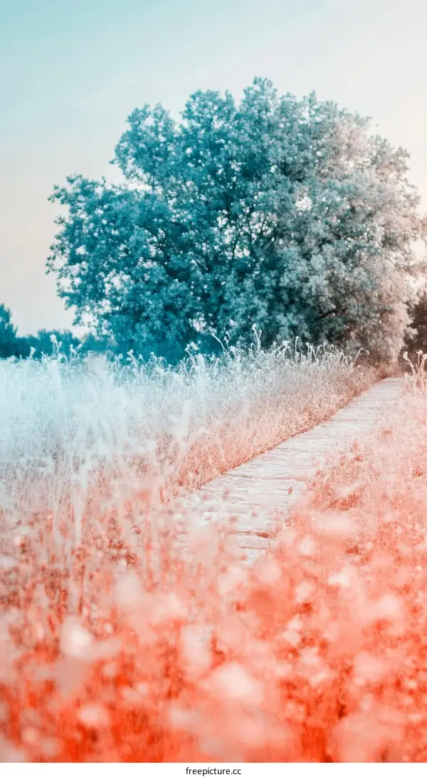 Colorful Field Path Under a Large Tree