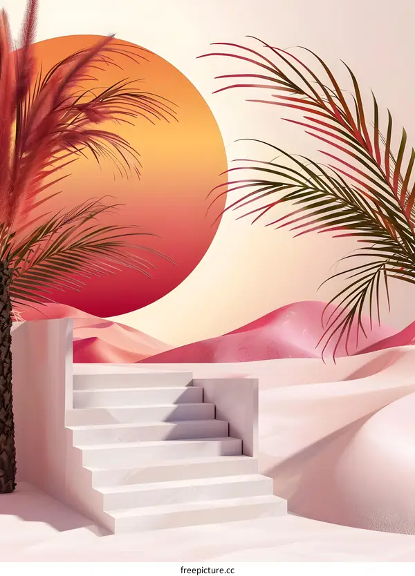 Abstract Minimalist Desert Landscape with Palm Trees