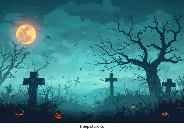 Graveyard at night with a full moon and scary trees