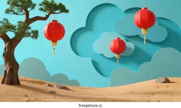 Red Lanterns Decorated on Tree with Clouds in Desert Landscape