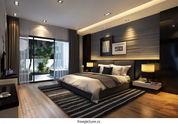 Modern bedroom interior design with wood flooring and large windows