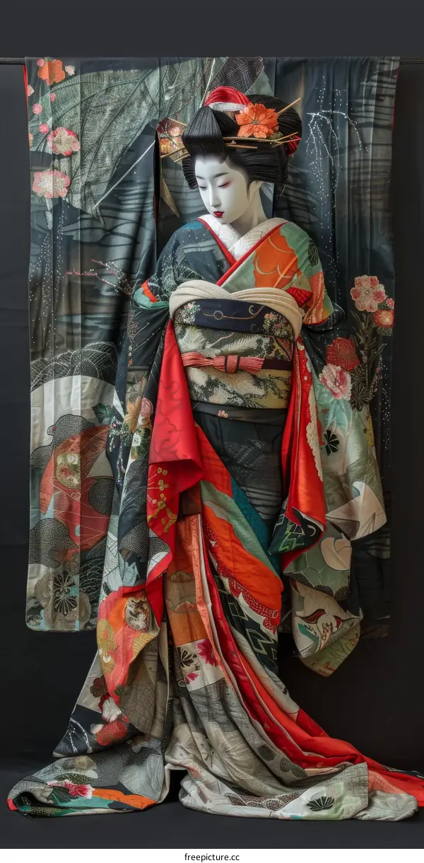 Japanese Woman Wearing Traditional Kimono and Hairstyle