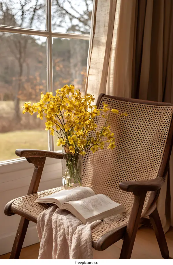 Yellow Flowers In Glass Vase On Chair With Book