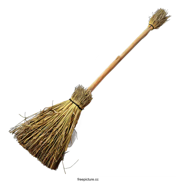 [Transparent Background PNG]Traditional Handmade Broom with Wooden Handle on White Background