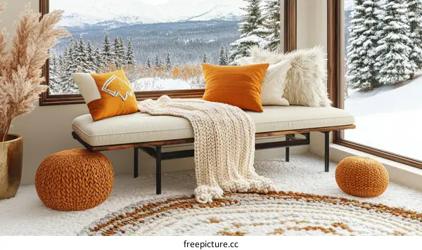 Cozy Winter Living Room Scene with  Orange Accents