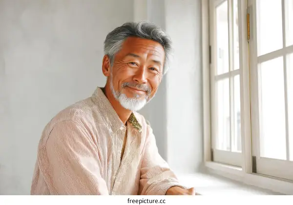 Asian Senior Man Smiling by Window