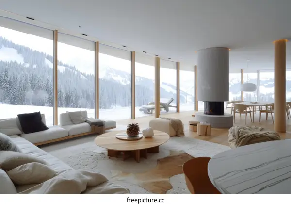 Minimalist Living Room with Mountain Views and Fireplace