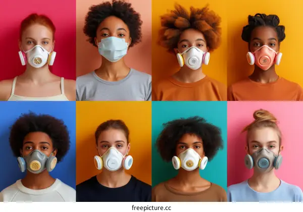 A collage of portraits of people wearing colorful clothes and gas masks