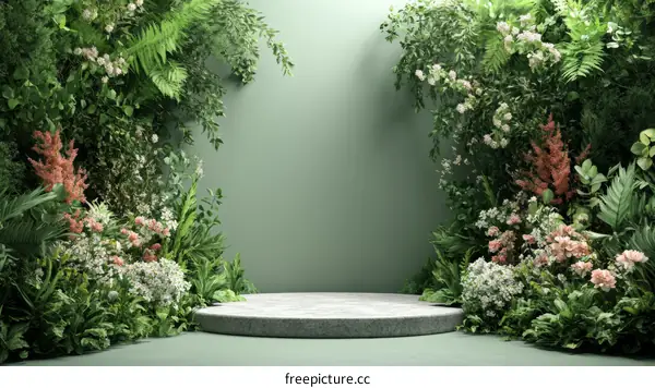 Modern Botanical Display Podium with Lush Greenery