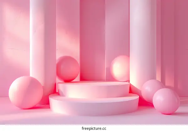 Pink podium with pink balls on pink background
