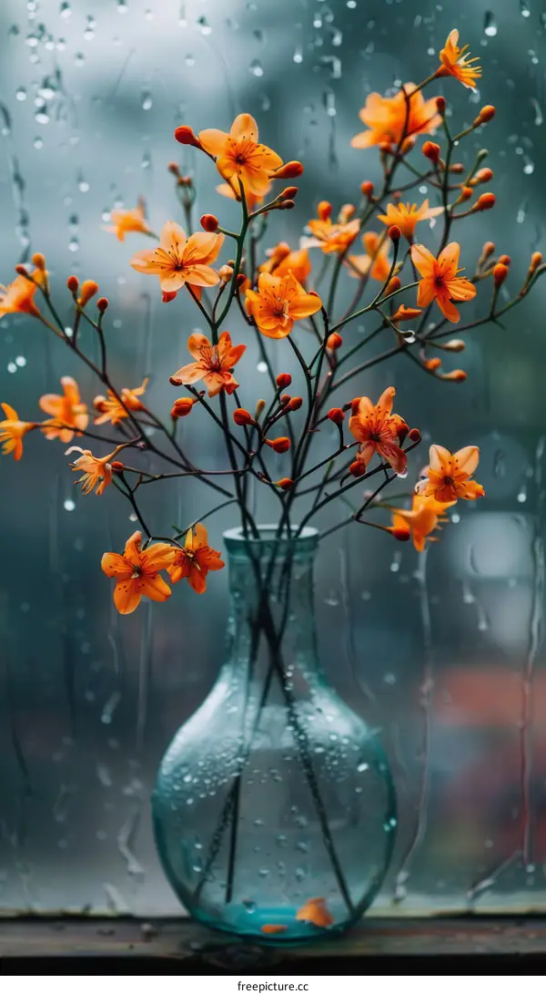 Orange flowers in a glass vase by the window with rain drops