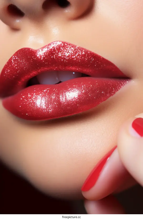 Close up of woman's red glitter lips with finger touching