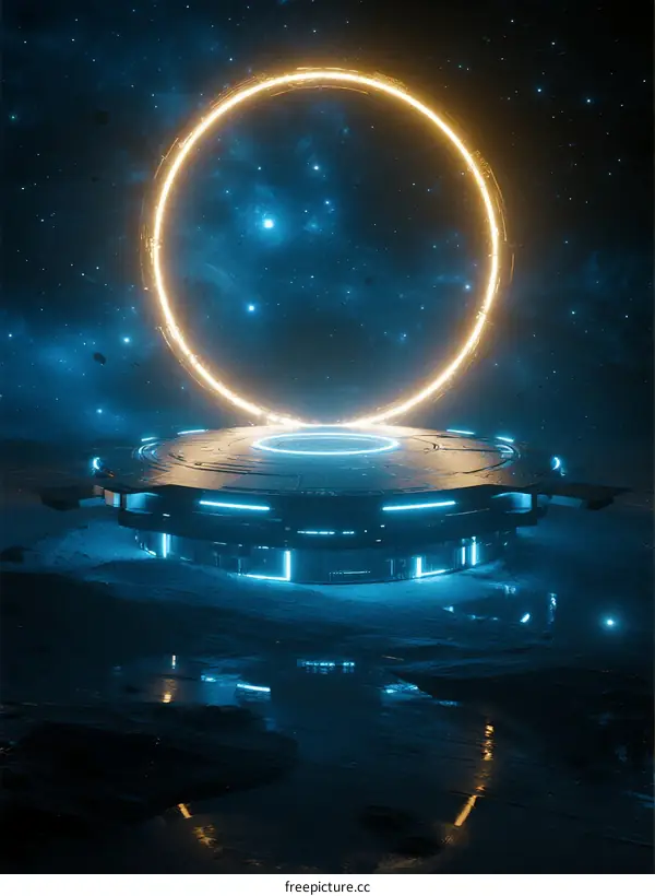 Futuristic Circular Portal with Glowing Rings in Space