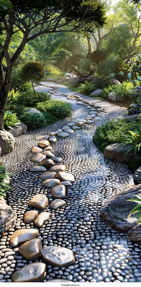 Serene Zen Garden with Tranquil Pebble Stone Pathway