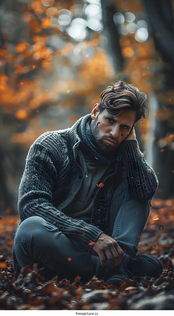 An attractive male model poses in the woods