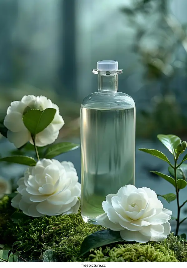 Essential Oil in Glass Bottle with White Flowers and Green Leaves