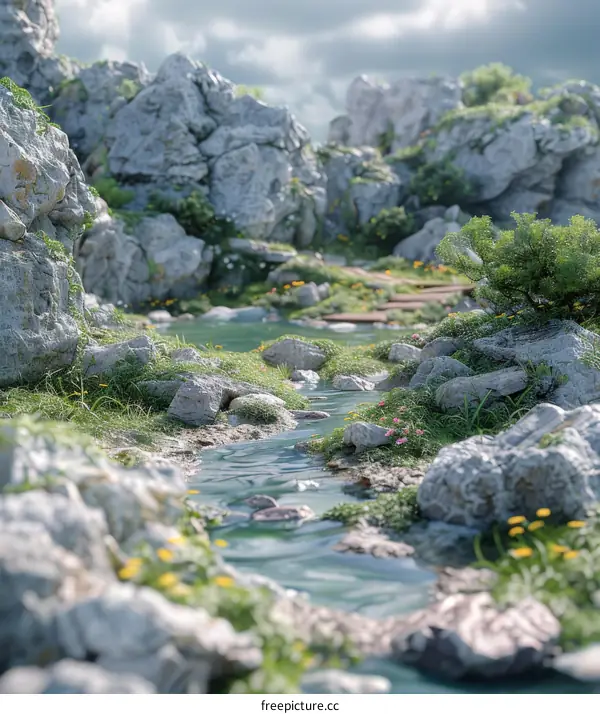 Rocky River Landscape with Moss and Flowers