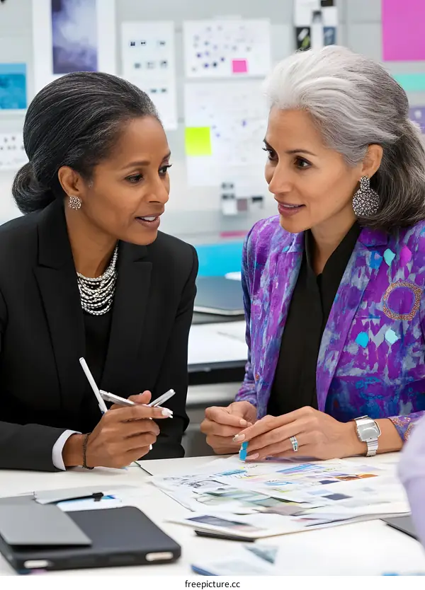 Two Businesswomen Collaborating and Discussing a Design Project