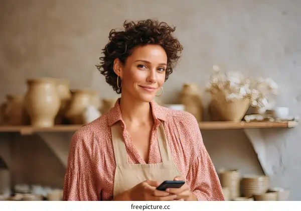 Woman using smartphone in pottery studio