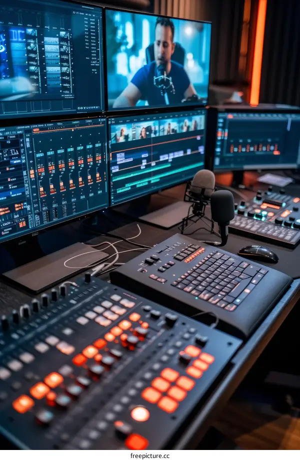 Man editing video in a professional video editing studio with multiple monitors