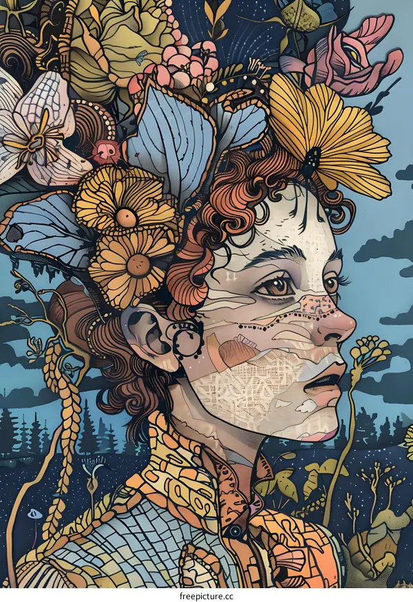 Woman with a Floral Crown and Butterflies
