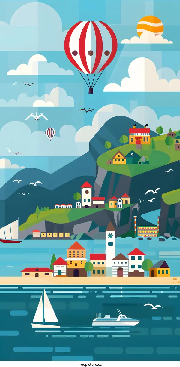 Flat Design Illustration of a Colorful Seaside Town with Hot Air Balloons