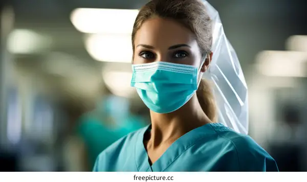 Portrait of a young female doctor or nurse wearing a surgical mask and cap