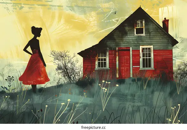 girl in red dress looking at abandoned house