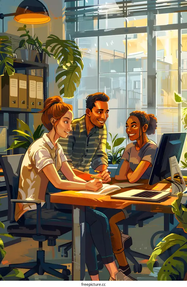 Three people in an office are looking at a computer screen.